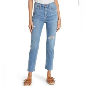 Madewell Blue Straight Leg Jeans with Distressed Details